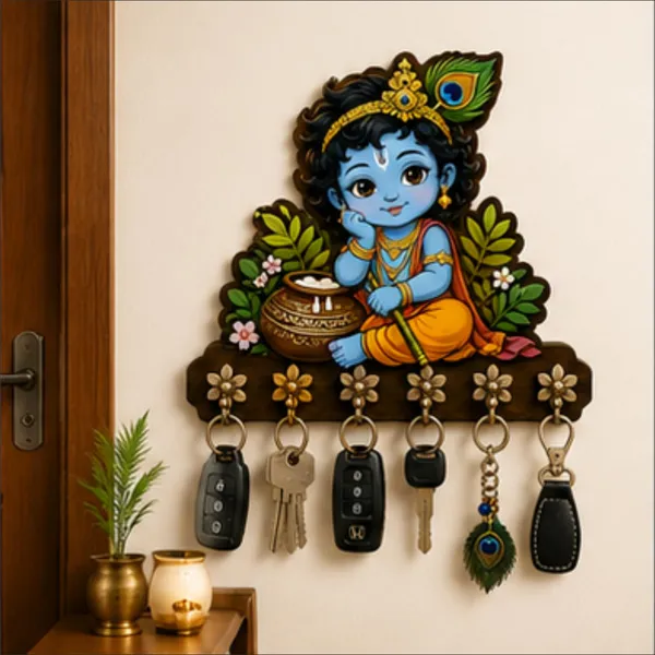 Mdf_Devotional_Baby_Krishna_Wall_Key_Holder_With_Hooks