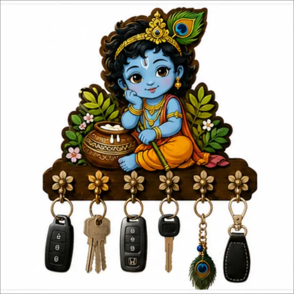 Mdf_Devotional_Baby_Krishna_Wall_Key_Holder_With_Hooks