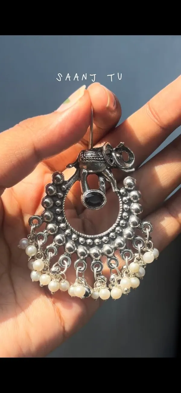 Saanj_Tu_Oxidised_Silver_Elephant_Chandbali_Earrings_With_Pearl