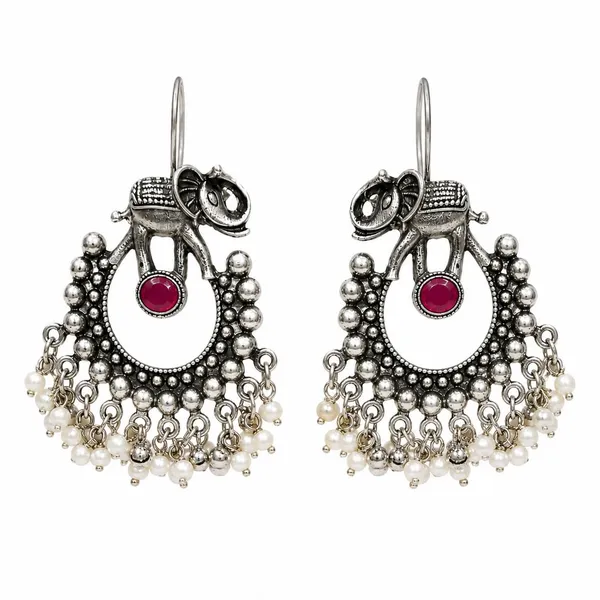 Saanj_Tu_Oxidised_Silver_Elephant_Chandbali_Earrings_With_Pearl