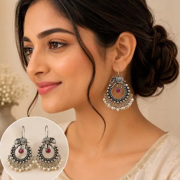 Saanj_Tu_Oxidised_Silver_Elephant_Chandbali_Earrings_With_Pearl