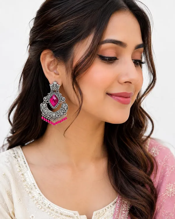 Oxidised_Chandbali_Earrings_With_Stone_And_Bead_Drops