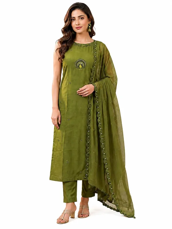 Olive_Green_Roman_Silk_Embroidered_Kurta_Pant_Set_With_Dupatta_For_Women