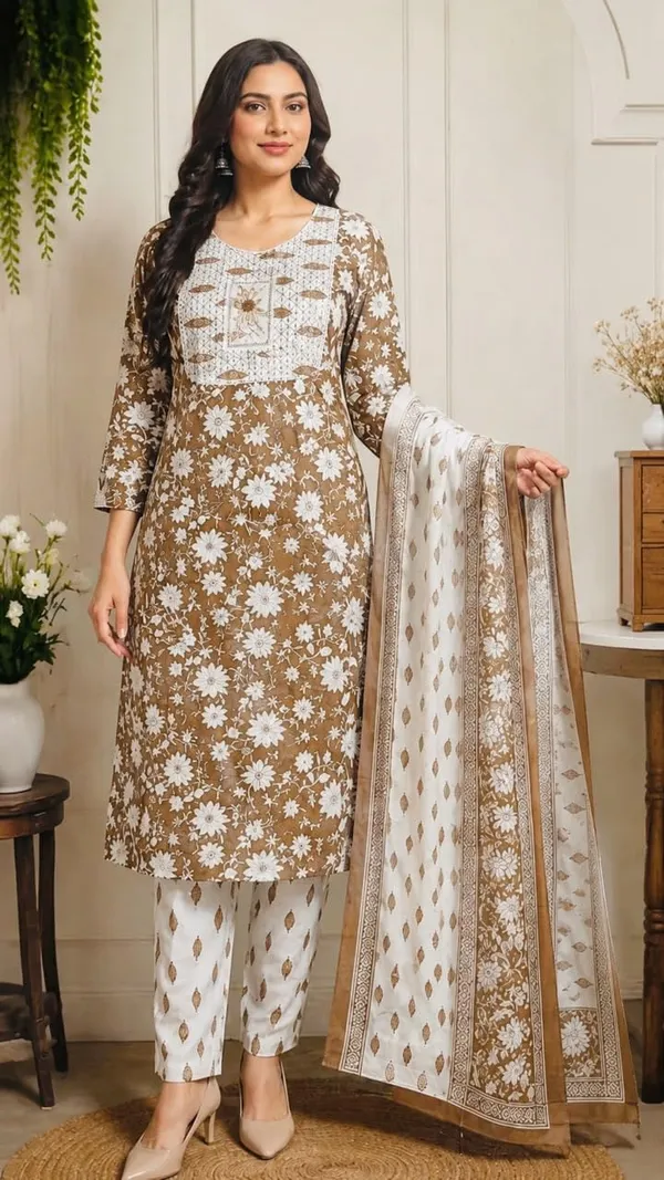 Women_S_Brown_Floral_Printed_Cotton_Blend_Kurta_Set_With_Dupatta