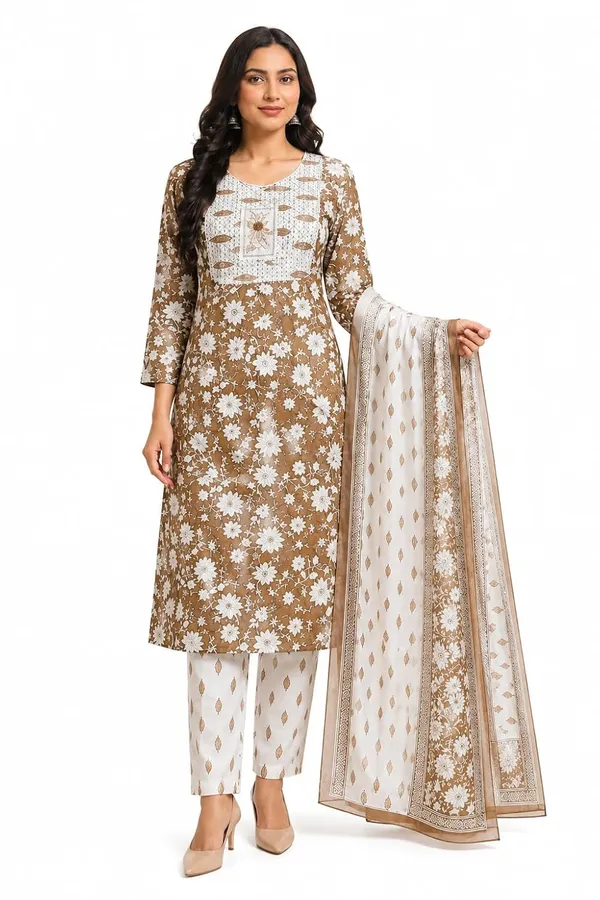 Women_S_Brown_Floral_Printed_Cotton_Blend_Kurta_Set_With_Dupatta