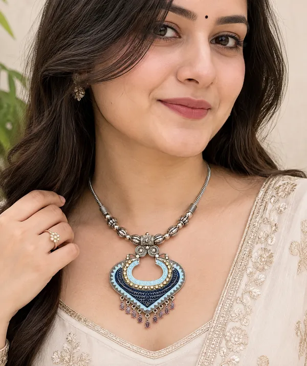 Tone_Blue_Enamel_Ethnic_Statement_Necklace_for_Women_&_Girls