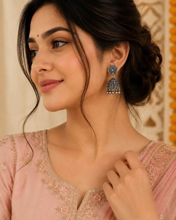Silver_Oxidised_Alloy_Lotus_Jhumka_Earrings_For_Women