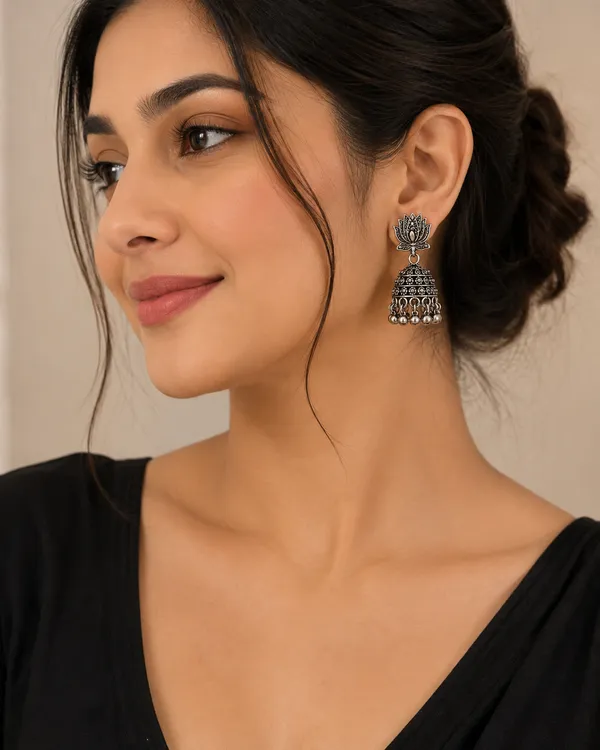 Silver_Oxidised_Alloy_Lotus_Jhumka_Earrings_For_Women