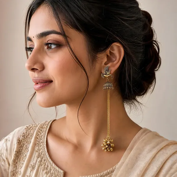 Gold_Alloy_Kashmiri_Bird_Jhumka_Earrings_With_Chain_Tassel_For_Women