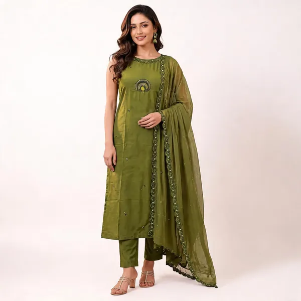 Olive_Green_Roman_Silk_Embroidered_Kurta_Pant_Set_With_Dupatta_For_Women