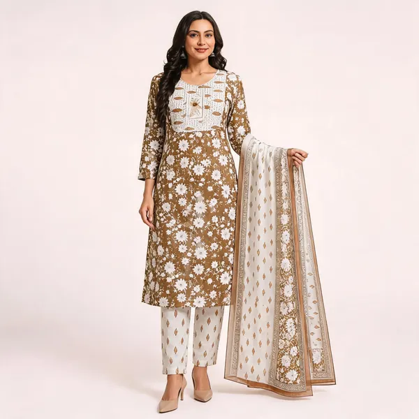 Brown_Cotton_Floral_Printed_Kurta_Set_With_Dupatta_For_Women