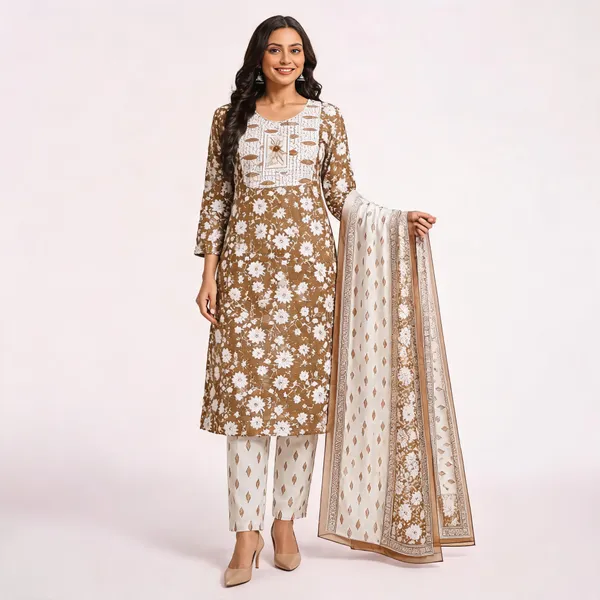 Brown_Cotton_Floral_Printed_Kurta_Set_With_Dupatta_For_Women