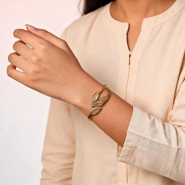 Gold_Stainless_Steel_Feather_Cuff_Open_Bangle_Bracelet_For_Women