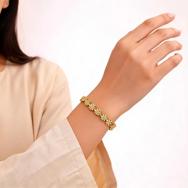 Gold_Stainless_Steel_Floral_Daisy_Bangle_&_Charm_Bracelet_For_Women_Pack_Of_2