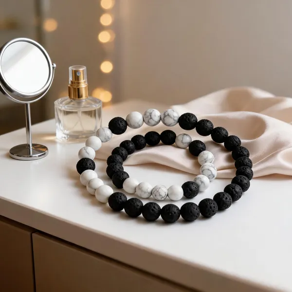 White_Black_Howlite_Lava_Crystal_Beaded_Couple_Bracelet_For_Unisex