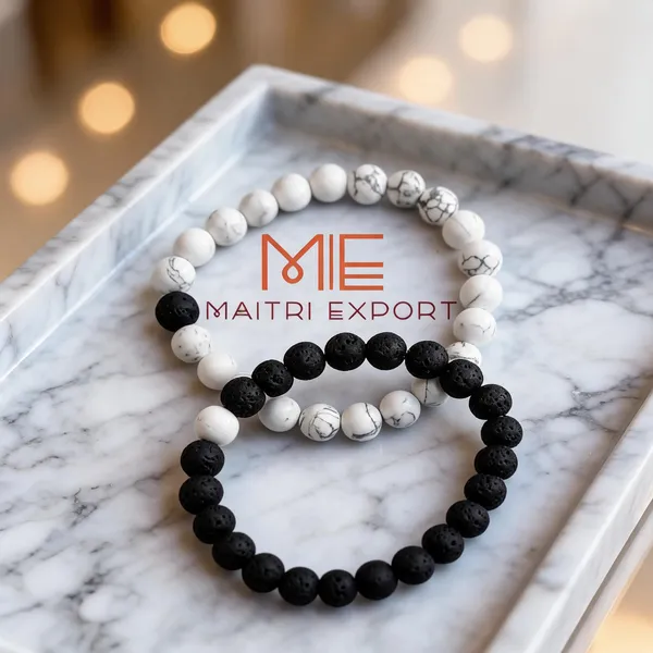 White_Black_Howlite_Lava_Crystal_Beaded_Couple_Bracelet_For_Unisex