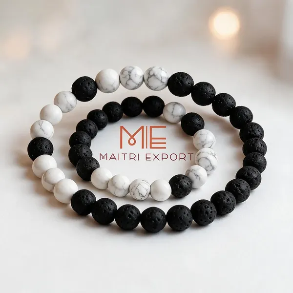 White_Black_Howlite_Lava_Crystal_Beaded_Couple_Bracelet_For_Unisex