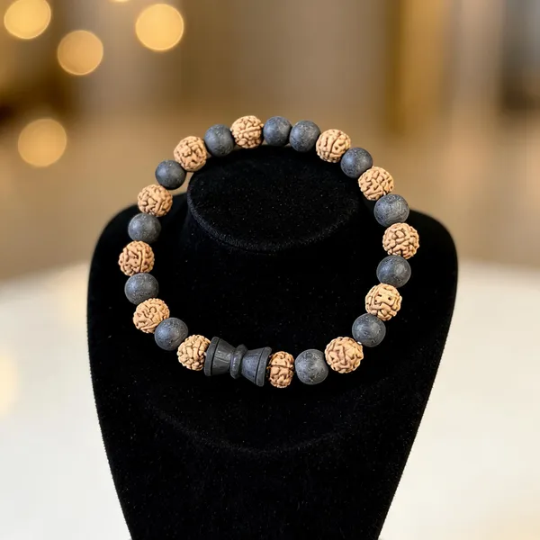 Brown_Black_Rudraksha_Karungali_Damru_Beaded_Bracelet_For_Unisex