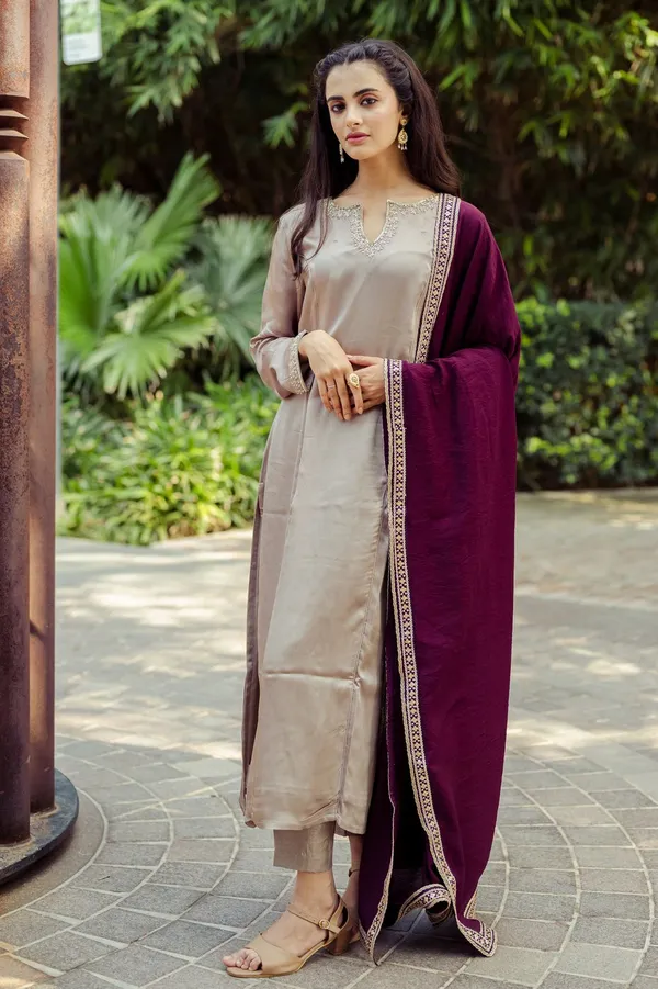 Cream_Roman_Silk_Embroidered_Kurti_Pant_Set_For_Women