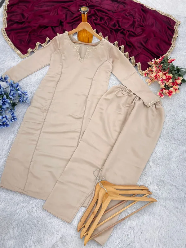 Cream_Roman_Silk_Embroidered_Kurti_Pant_Set_For_Women