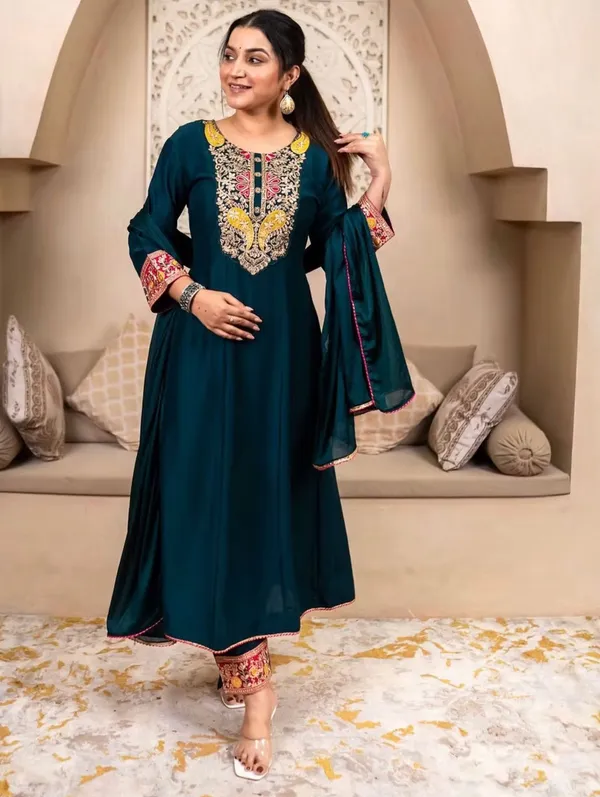 Blue_Vichitra_Silk_Embroidered_Kurti_Pant_Set_For_Women