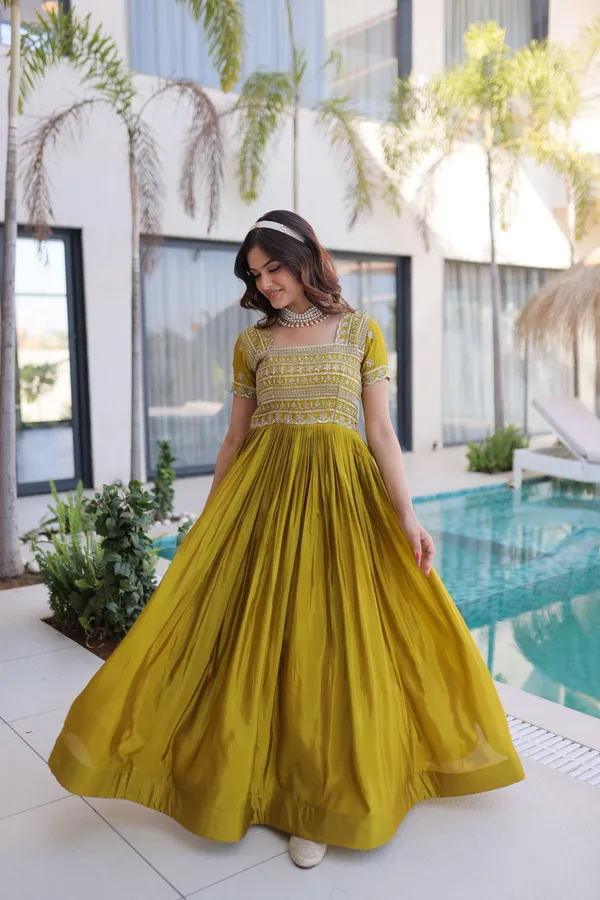 Mehandi_Silk_Sequin_Embroidered_Half_Sleeve_Gown_For_Women
