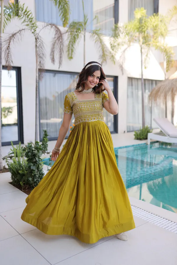 Mehandi_Silk_Sequin_Embroidered_Half_Sleeve_Gown_For_Women