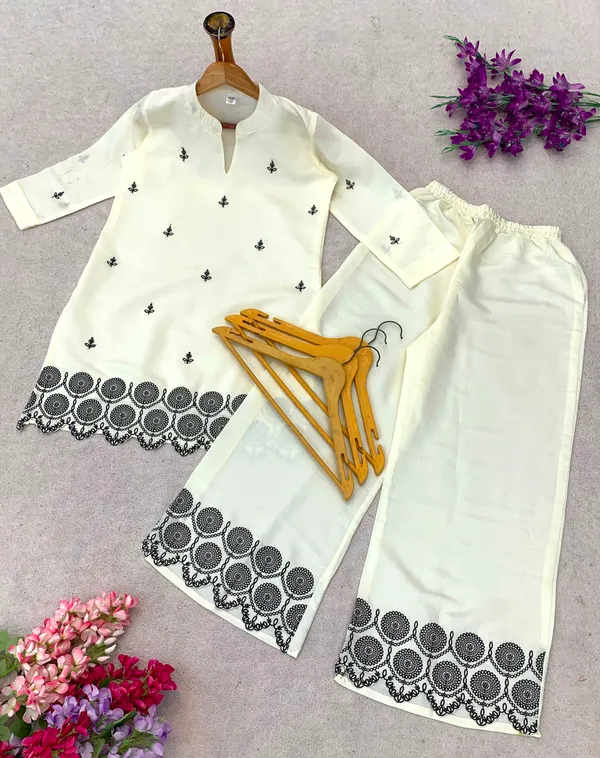 White_Roman_Silk_Embroidered_Kurti_Plazzo_Set_For_Women