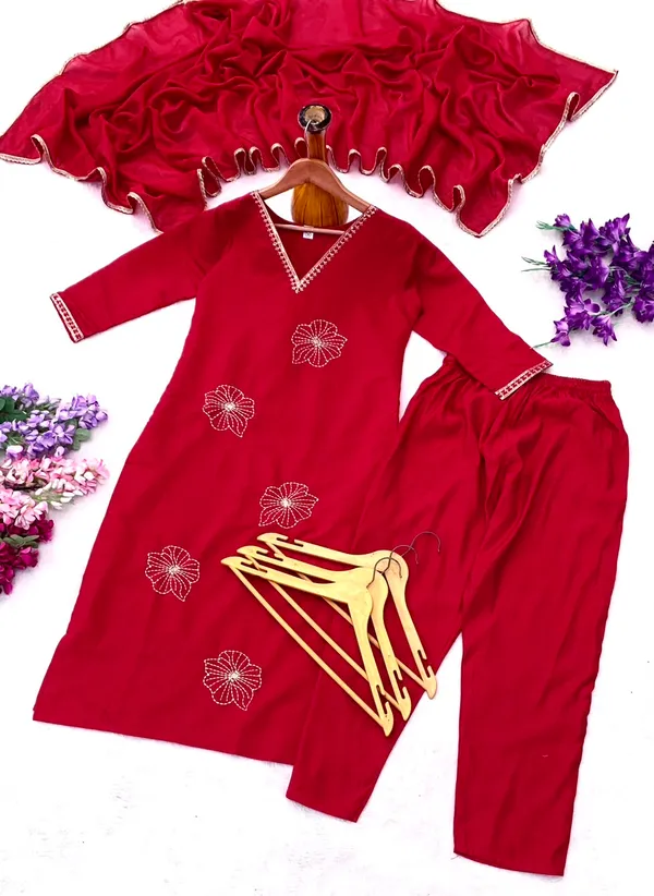 Maroon_Roman_Silk_Embroidered_Kurti_Pant_Set_For_Women