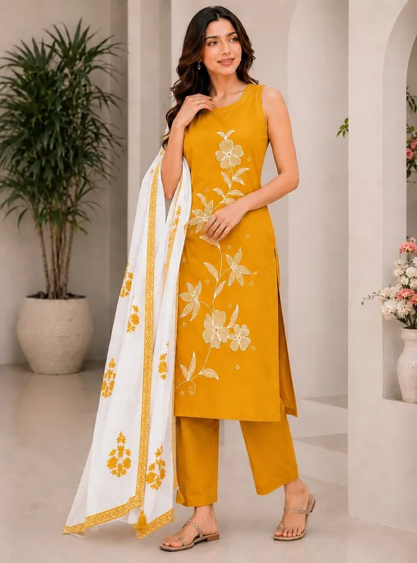 Yellow_Rayon_Embroidered_Kurti_Pant_Set_For_Women