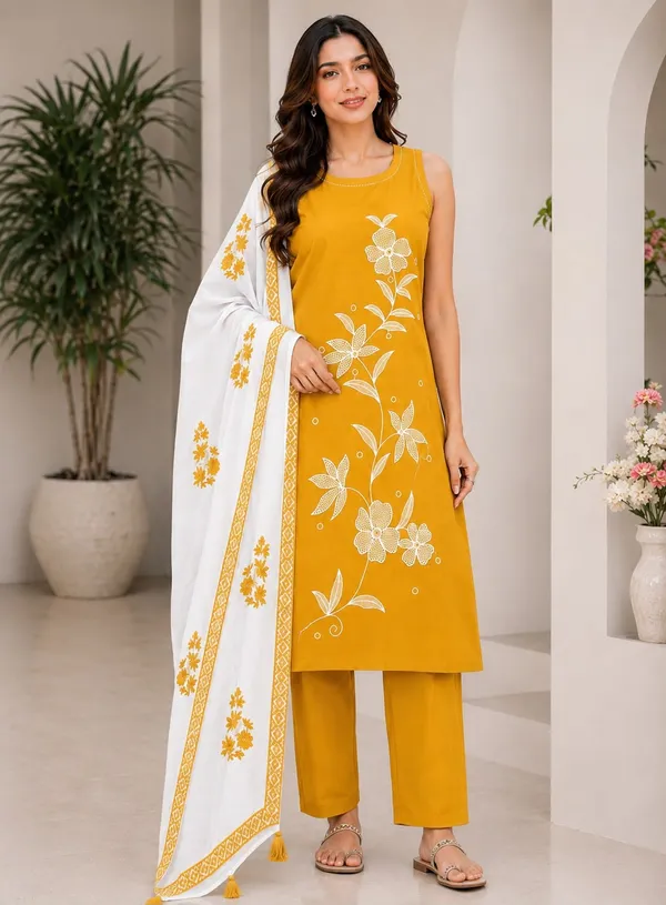 Yellow_Rayon_Embroidered_Kurti_Pant_Set_For_Women