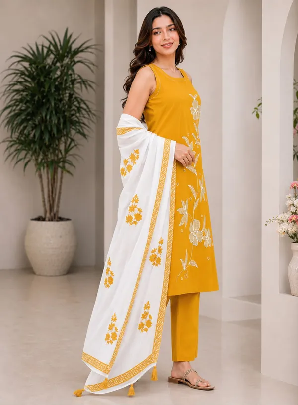 Yellow_Rayon_Embroidered_Kurti_Pant_Set_For_Women