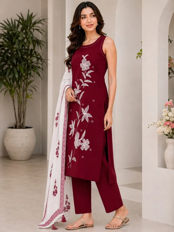Maroon_Rayon_Embroidered_Kurti_Pant_Set_For_Women