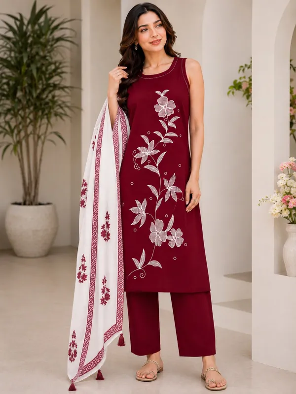 Maroon_Rayon_Embroidered_Kurti_Pant_Set_For_Women