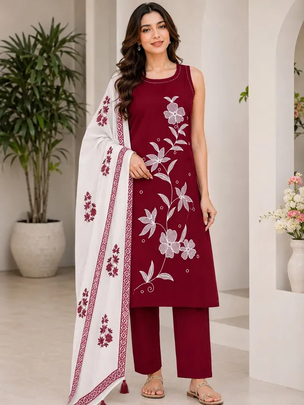 Maroon_Rayon_Embroidered_Kurti_Pant_Set_For_Women