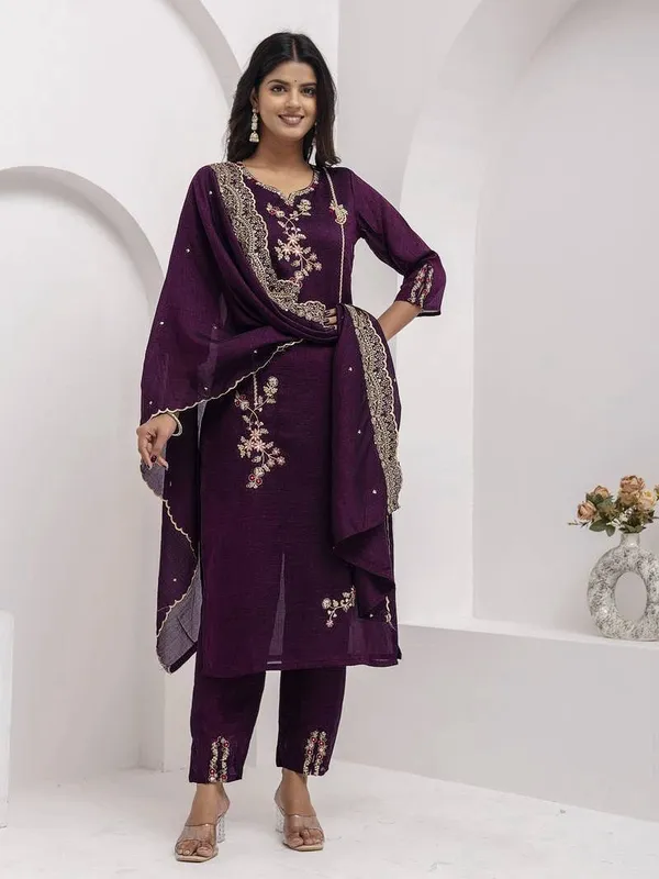 Purple_Vichitra_Silk_Embroidered_Kurti_Pant_Set_For_Women