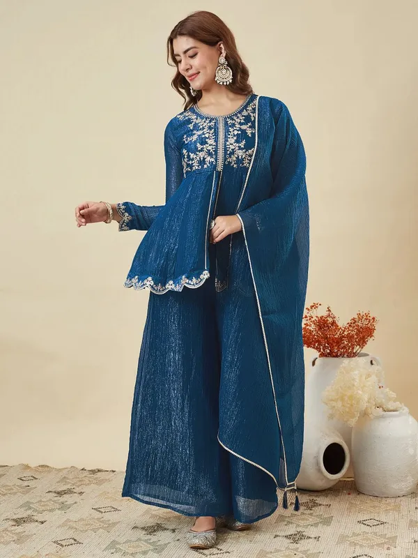 Blue_Crunchy_Silk_Embroidered_Kurti_Pant_Set_For_Women