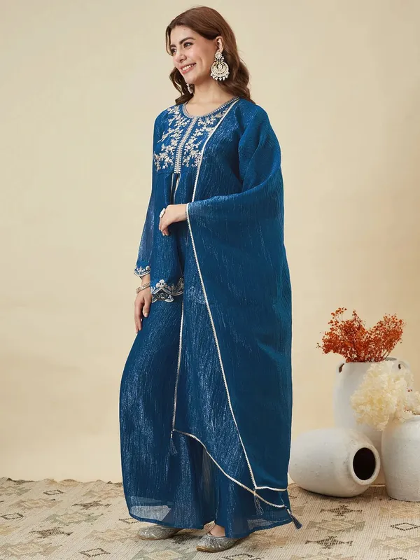 Blue_Crunchy_Silk_Embroidered_Kurti_Pant_Set_For_Women