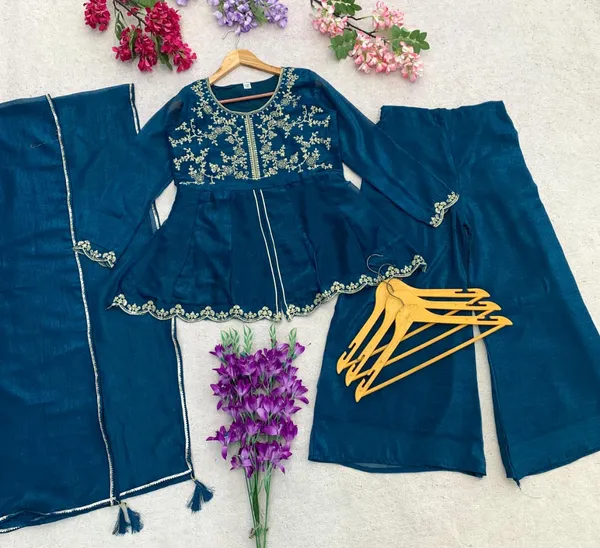 Blue_Crunchy_Silk_Embroidered_Kurti_Pant_Set_For_Women