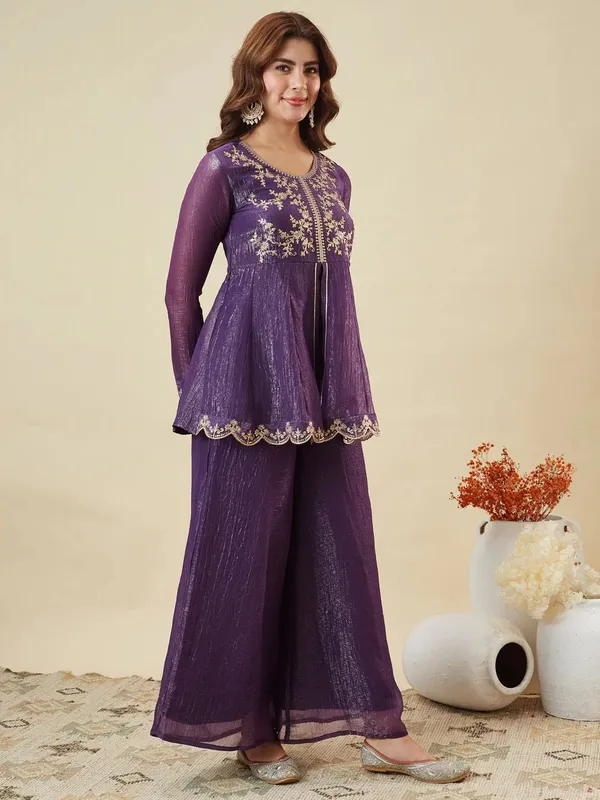 Purple_Crunchy_Silk_Embroidered_Kurti_Pant_Set_For_Women