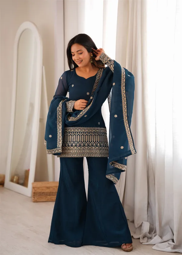 Crunchy_Silk_Fabric_With_Embroidery_Sequence_And_Jari_Work_Top_With_Duppta_Set_Bell_Bottom_Pent_Ready_To_Wear