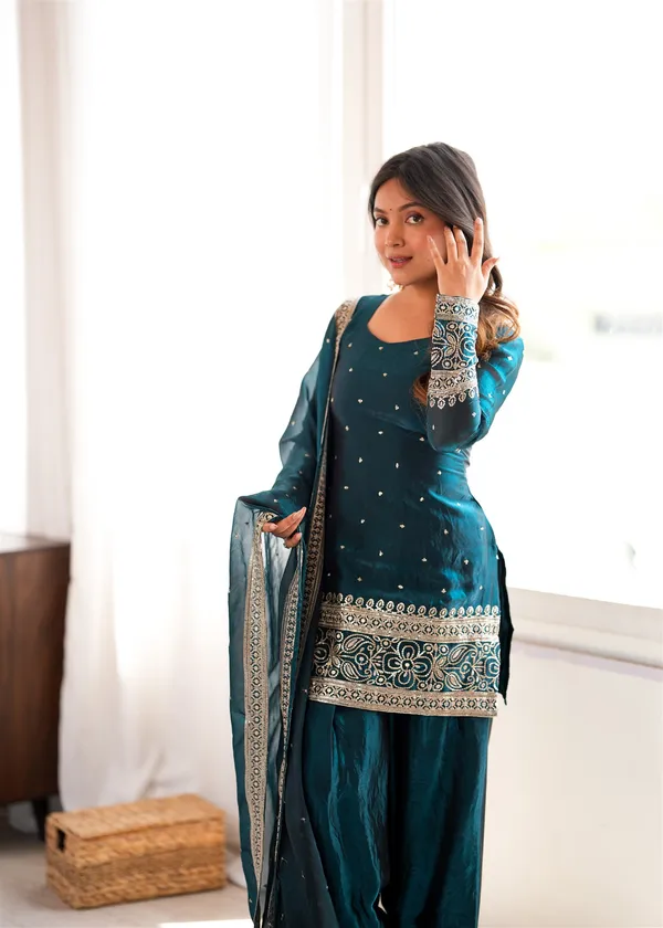 Fendy_Silk_Fabric_With_Embroidery_Sequence_And_Jari_Work_Top,Dupatta_Set_With_Farshi_Shalwar_Ready_To_Wear