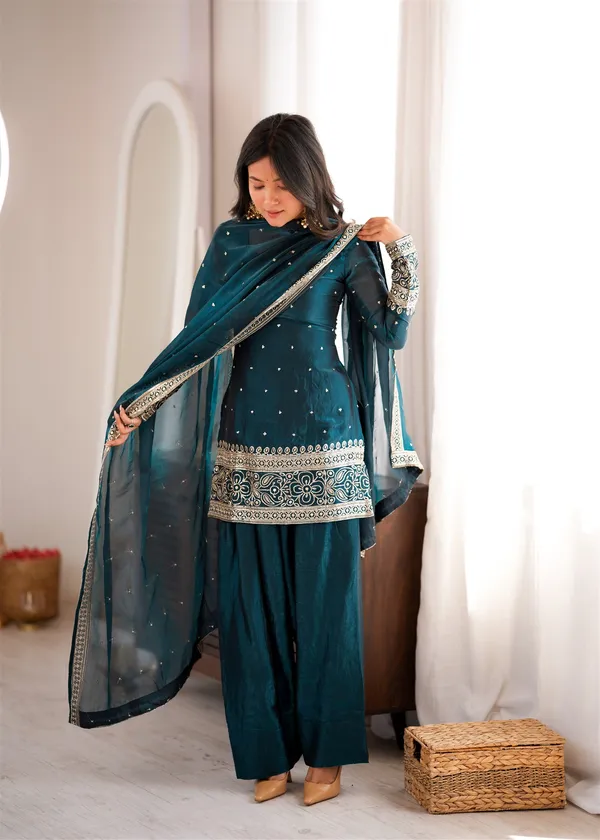 Fendy_Silk_Fabric_With_Embroidery_Sequence_And_Jari_Work_Top,Dupatta_Set_With_Farshi_Shalwar_Ready_To_Wear