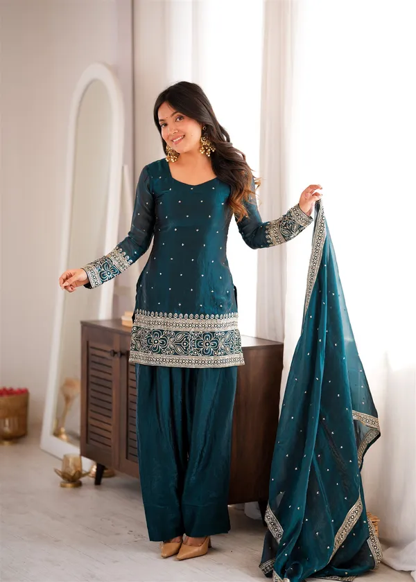 Fendy_Silk_Fabric_With_Embroidery_Sequence_And_Jari_Work_Top,Dupatta_Set_With_Farshi_Shalwar_Ready_To_Wear