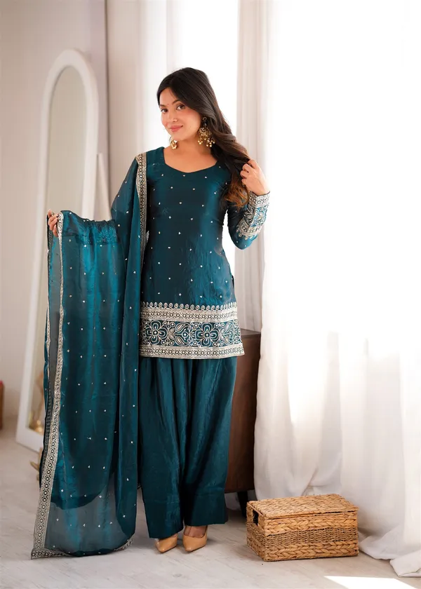 Fendy_Silk_Fabric_With_Embroidery_Sequence_And_Jari_Work_Top,Dupatta_Set_With_Farshi_Shalwar_Ready_To_Wear