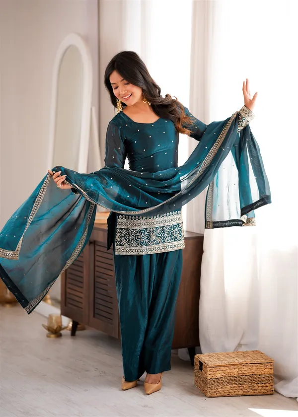 Fendy_Silk_Fabric_With_Embroidery_Sequence_And_Jari_Work_Top,Dupatta_Set_With_Farshi_Shalwar_Ready_To_Wear