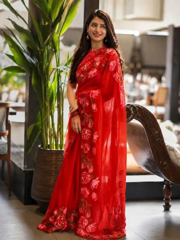 Red_Silk_Floral_Digital_Print_Cut_Dana_Pearl_Handwork_Saree_For_Women