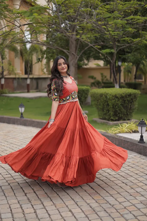 Orange_Color_Beautiful_Navratri_Gown_Collection_in_Rayon_Fabric_with_12_Meter_Flair