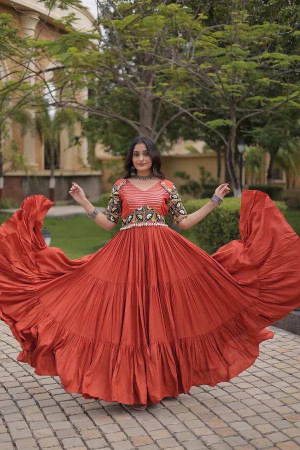 Orange_Color_Beautiful_Navratri_Gown_Collection_in_Rayon_Fabric_with_12_Meter_Flair