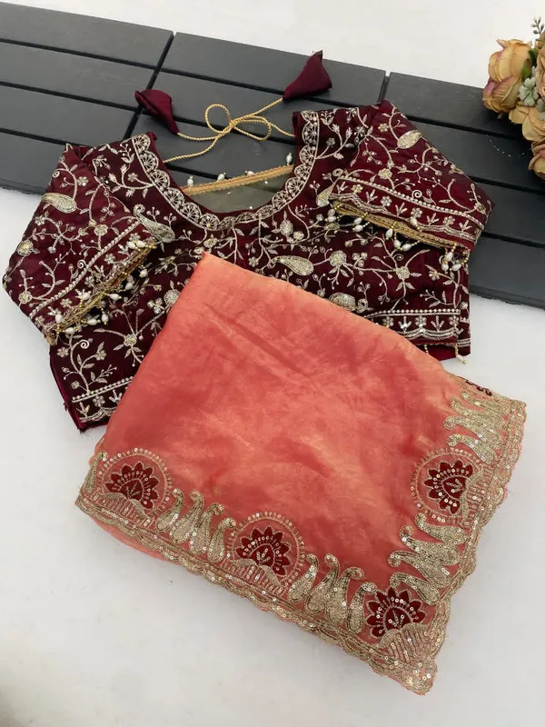Orange_Color_Pure_Fandy_Satin_Silk_With_Sequence_And_Zari_Embroidery_Work_With_Cutwork_Border